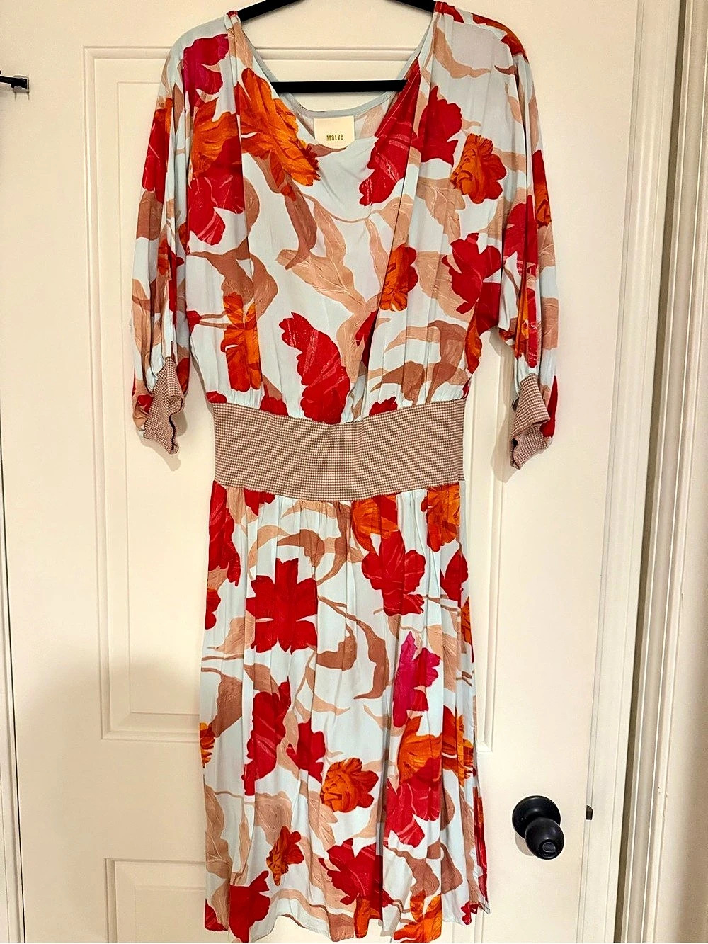 Maeve Floral Smocked Waist Midi Dress in Red & White Large Like